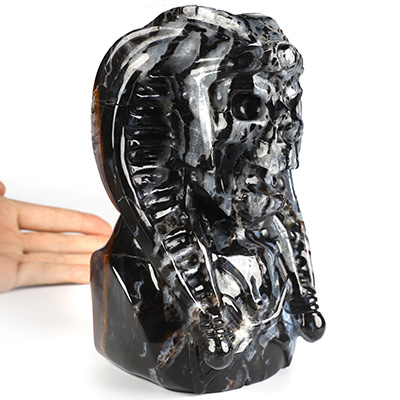 7.4" Black Zebra Agate Hand Carved Vampire Crystal Skull and Red Jasper Tongue Sculpture, Crystal Healing