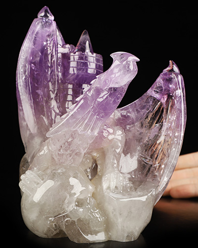 Sept 5, 2026 ACSAD (A Crystal Skull a Day) - Guardian of the Amethyst Citadel - Gemstone 6.2" Amethyst Hand Carved Dragon & Castle & Crystal Skull Fine Art Sculpture, Crystal Healing