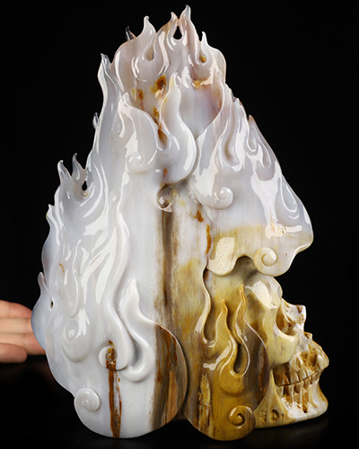 Aug 27, 2026 ACSAD (A Crystal Skull a Day) - AND STILL, IT BURNS - 8.1" Agatized Petrified Wood Hand Carved Flaming Crystal Skull, Crystal Healing