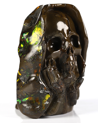 Sept 6, 2026 ACSAD (A Crystal Skull a Day) - Meditations in Ammolite - 2.4" Ammolite Hand Carved Crystal Skull Fine Art Sculpture with Hands Cradling its Chin, Crystal Healing