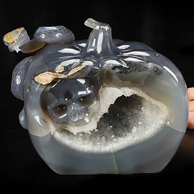 Sept 17, 2026 ACSAD (A Crystal Skull a Day) - The Crystal Hideaway - 6.7" Agate Geode Hand Carved Pumpkin & Crystal Skull Fine Art Sculpture, Crystal Healing