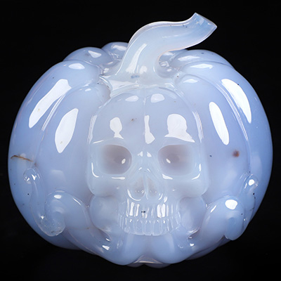 Oct 17, 2026 ACSAD (A Crystal Skull a Day) - The Soft Side of Strange - 4.3" Blue Chalcedony Hand Carved Jack-O'-Lantern Pumpkin Crystal Skull Sculpture, Crystal Healing
