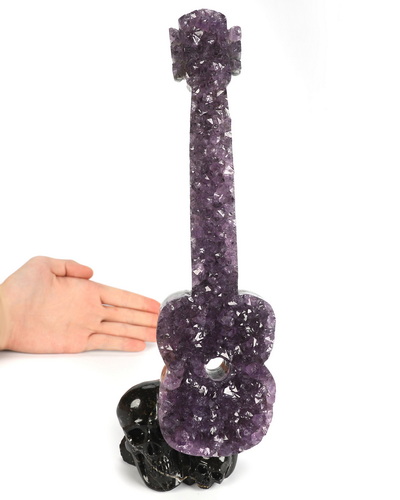 Sept 15, 2026 ACSAD (A Crystal Skull a Day) - Strings of Silence - 11.9" Agate Amethyst Geode Hand Carved Guitar & Crystal Skull Fine Art Sculpture, Crystal Healing