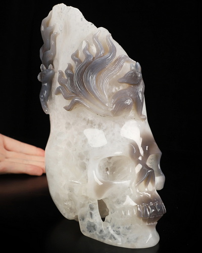 Sept 16, 2026 ACSAD (A Crystal Skull a Day) - Where Dreams Grow Tails - 7.5" Agate Geode Hand Carved Twin Nine-Tailed Foxes & Crystal Skull Fine Art Sculpture, Crystal Healing