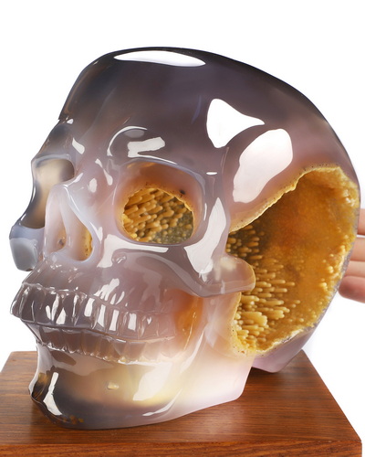 Sept 14, 2026 ACSAD (A Crystal Skull a Day) - What Grows Within - Lifesized 7.3" Rare Stalactitic Agate Geode Hand Carved Crystal Skull, Super Realistic, Crystal Healing