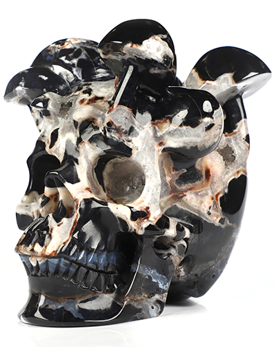 5.2" Black Zebra Agate Hand Carved Mushroom Crystal Skull Sculpture, Crystal Healing