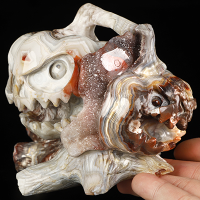 Gemstone 5.5" Red Crazy Lace Agate Hand Carved Jack-O'-Lantern Pumpkin Crystal Skull Sculpture, Crystal Healing