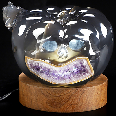 A Strange Little Harvest - 6.3" Agate Amethyst Geode Hand Carved Jack-O'-Lantern Pumpkin & Toad Crystal Skull Sculpture, Crystal Healing