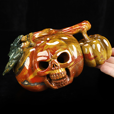 7.2" Indian Agate Hand Carved Jack-O'-Lantern Pumpkin Crystal Skull Sculpture, Crystal Healing