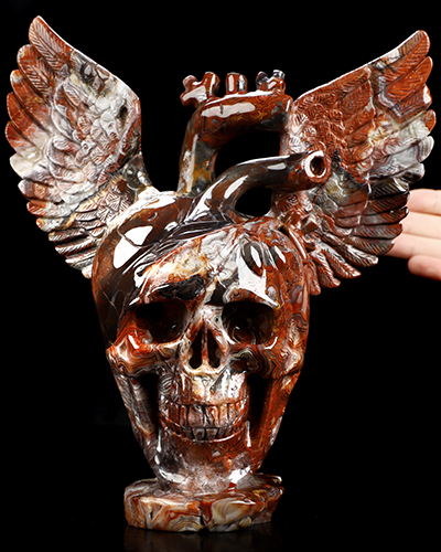 Oct 15, 2026 ACSAD (A Crystal Skull a Day) - The Heart Takes Flight - Gemstone 8.3" Hand Carved Red Crazy Lace Agate Winged Anatomical Heart Crystal Skull Fine Art Sculpture, Crystal Healing