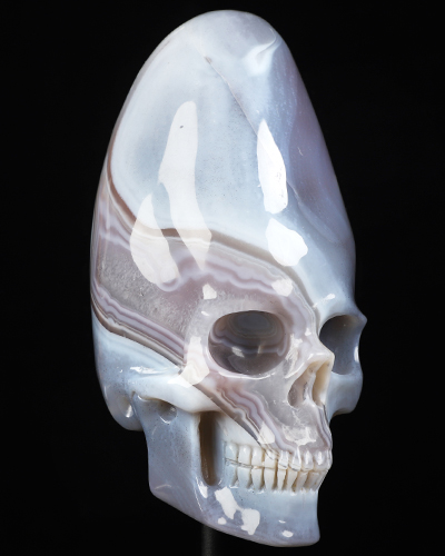 5.1" Mozambique Agate Hand Carved Incan Crystal Skull Sculpture With Stand, Crystal Healing