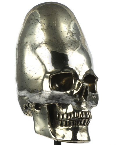 5.1" Pyrite Hand Carved Incan Crystal Skull Sculpture With Stand, Crystal Healing