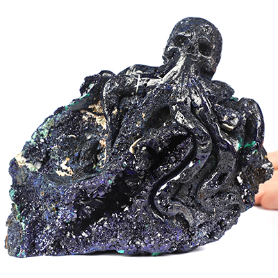 Oct 19, 2026 ACSAD (A Crystal Skull a Day) - The Abyss Made Visible - 5.7" Hand Carved Azurite & Malachite Octopus, Cthulhu Crystal Skull Fine Art Sculpture, Crystal Healing