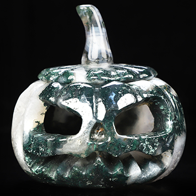 4.1" Green Moss Agate Hand Carved Hollow Jack-O'-Lantern Pumpkin Crystal Skull Sculpture, Crystal Healing