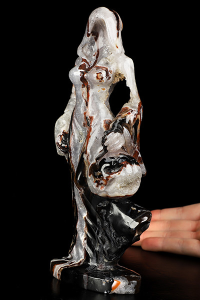 7.9" Black Zebra Agate Hand Carved Crystal Reaper with Pumpkin Fine Art Sculpture, Crystal Healing