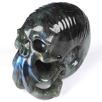 5.6" Labradorite Hand Carved Nautiloid Cthulhu Crystal Skull Sculpture, Crystal Healing