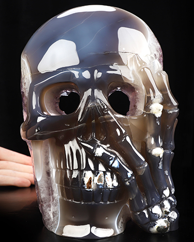 8.0" Agate Amethyst Geode Hand Carved Crystal Skull Mask Fine Art Sculpture, Crystal Healing