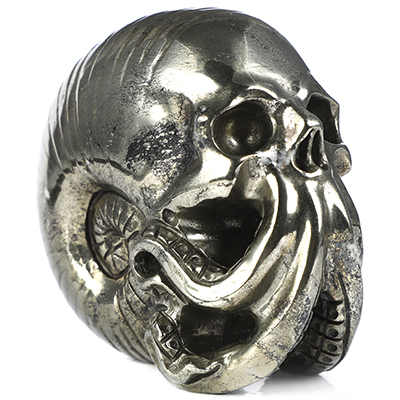 3.5" Pyrite Hand Carved Nautiloid Cthulhu Crystal Skull Sculpture, Crystal Healing