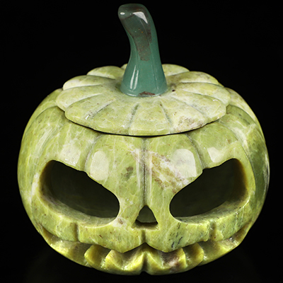 4.0" Lemon Stone Hand Carved Hollow Jack-O'-Lantern Pumpkin Crystal Skull Sculpture, Crystal Healing