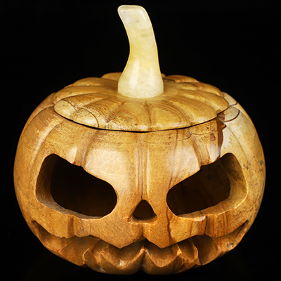 4.0" Picture Jasper Hand Carved Hollow Jack-O'-Lantern Pumpkin Crystal Skull Sculpture, Crystal Healing