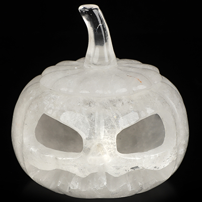 4.1" Quartz Rock Crystal Hand Carved Hollow Jack-O'-Lantern Pumpkin Crystal Skull Sculpture, Crystal Healing