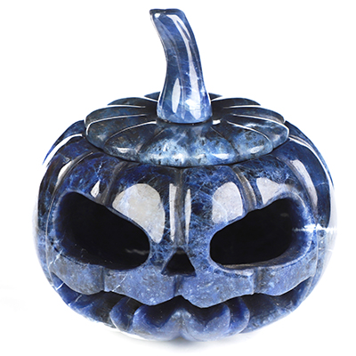 4.0" Sodalite Hand Carved Hollow Jack-O'-Lantern Pumpkin Crystal Skull Sculpture, Crystal Healing