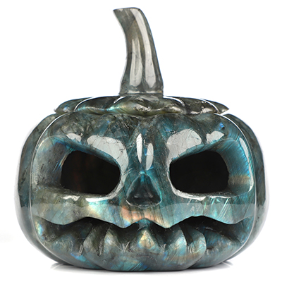 4.1" Labradorite Hand Carved Hollow Jack-O'-Lantern Pumpkin Crystal Skull Sculpture, Crystal Healing