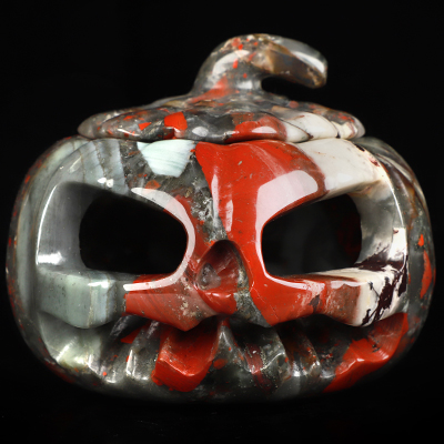 4.1" African Bloodstone Hand Carved Hollow Jack-O'-Lantern Pumpkin Crystal Skull Sculpture, Crystal Healing