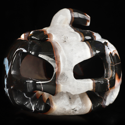 4.1" Black Zebra Agate Hand Carved Hollow Jack-O'-Lantern Pumpkin Crystal Skull Sculpture, Crystal Healing