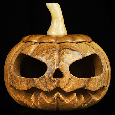 5.0" Picture Jasper Hand Carved Hollow Jack-O'-Lantern Pumpkin Crystal Skull Sculpture, Crystal Healing