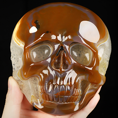 5.1" Premium Brazilian Agate Geode Hand Carved Crystal Skull Fine Art Sculpture, Crystal Healing