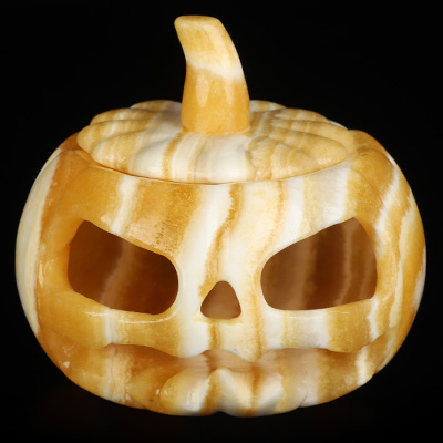 4.1" Beeswax Jade Hand Carved Hollow Jack-O'-Lantern Pumpkin Crystal Skull Sculpture, Crystal Healing