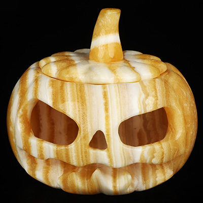 4.1" Beeswax Jade Hand Carved Hollow Jack-O'-Lantern Pumpkin Crystal Skull Sculpture, Crystal Healing