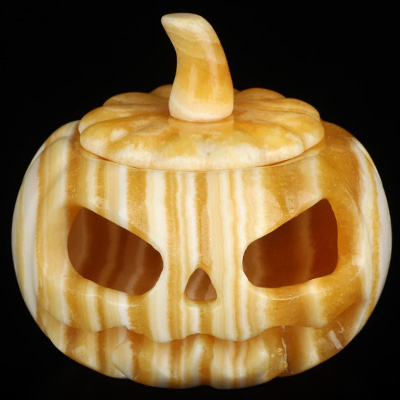 4.1" Beeswax Jade Hand Carved Hollow Jack-O'-Lantern Pumpkin Crystal Skull Sculpture, Crystal Healing