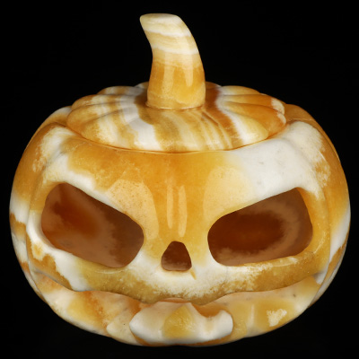 4.1" Beeswax Jade Hand Carved Hollow Jack-O'-Lantern Pumpkin Crystal Skull Sculpture, Crystal Healing