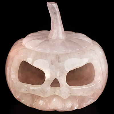 4.1" Rose Quartz Hand Carved Hollow Jack-O'-Lantern Pumpkin Crystal Skull Sculpture, Crystal Healing