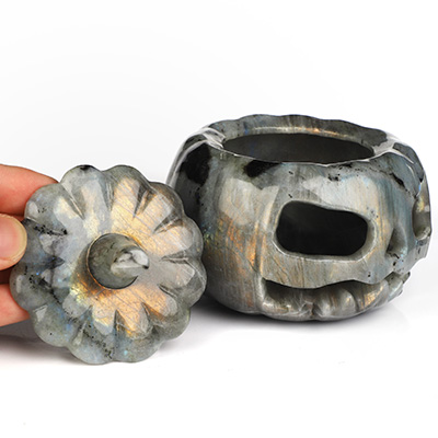 4.1" Labradorite Hand Carved Hollow Jack-O'-Lantern Pumpkin Crystal Skull Sculpture, Crystal Healing