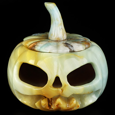 4.1" Chinese Amazonite Hand Carved Hollow Jack-O'-Lantern Pumpkin Crystal Skull Sculpture, Crystal Healing