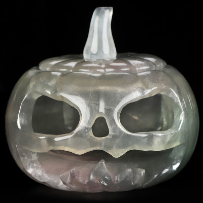 4.1" Fluorite Hand Carved Hollow Jack-O'-Lantern Pumpkin Crystal Skull Sculpture, Crystal Healing