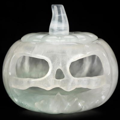 4.1" Fluorite Hand Carved Hollow Jack-O'-Lantern Pumpkin Crystal Skull Sculpture, Crystal Healing
