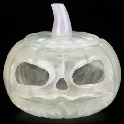 4.1" Fluorite Hand Carved Hollow Jack-O'-Lantern Pumpkin Crystal Skull Sculpture, Crystal Healing