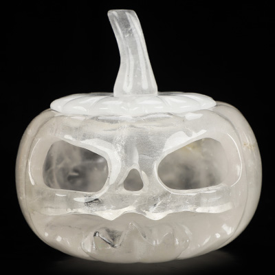 4.1" Quartz Rock Crystal Hand Carved Hollow Jack-O'-Lantern Pumpkin Crystal Skull Sculpture, Crystal Healing