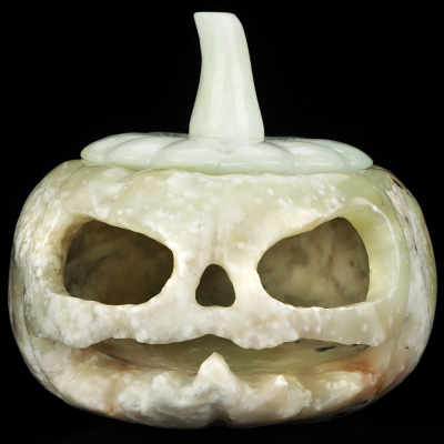 4.1" Chinese Amazonite Hand Carved Hollow Jack-O'-Lantern Pumpkin Crystal Skull Sculpture, Crystal Healing