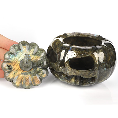 4.1" Labradorite Hand Carved Hollow Jack-O'-Lantern Pumpkin Crystal Skull Sculpture, Crystal Healing