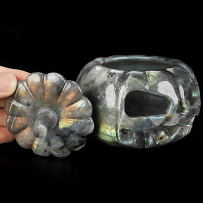 4.1" Labradorite Hand Carved Hollow Jack-O'-Lantern Pumpkin Crystal Skull Sculpture, Crystal Healing