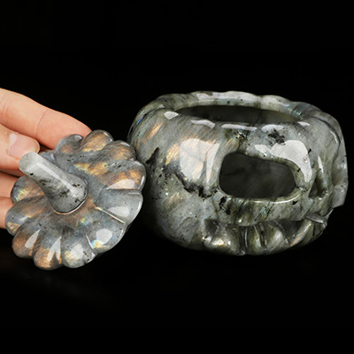 4.1" Labradorite Hand Carved Hollow Jack-O'-Lantern Pumpkin Crystal Skull Sculpture, Crystal Healing