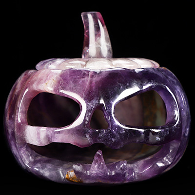 4.1" Fluorite Hand Carved Hollow Jack-O'-Lantern Pumpkin Crystal Skull Sculpture, Crystal Healing