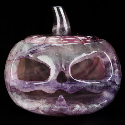 4.1" Fluorite Hand Carved Hollow Jack-O'-Lantern Pumpkin Crystal Skull Sculpture, Crystal Healing