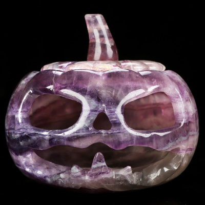 4.1" Fluorite Hand Carved Hollow Jack-O'-Lantern Pumpkin Crystal Skull Sculpture, Crystal Healing