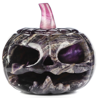 4.1" Fluorite Hand Carved Hollow Jack-O'-Lantern Pumpkin Crystal Skull Sculpture, Crystal Healing